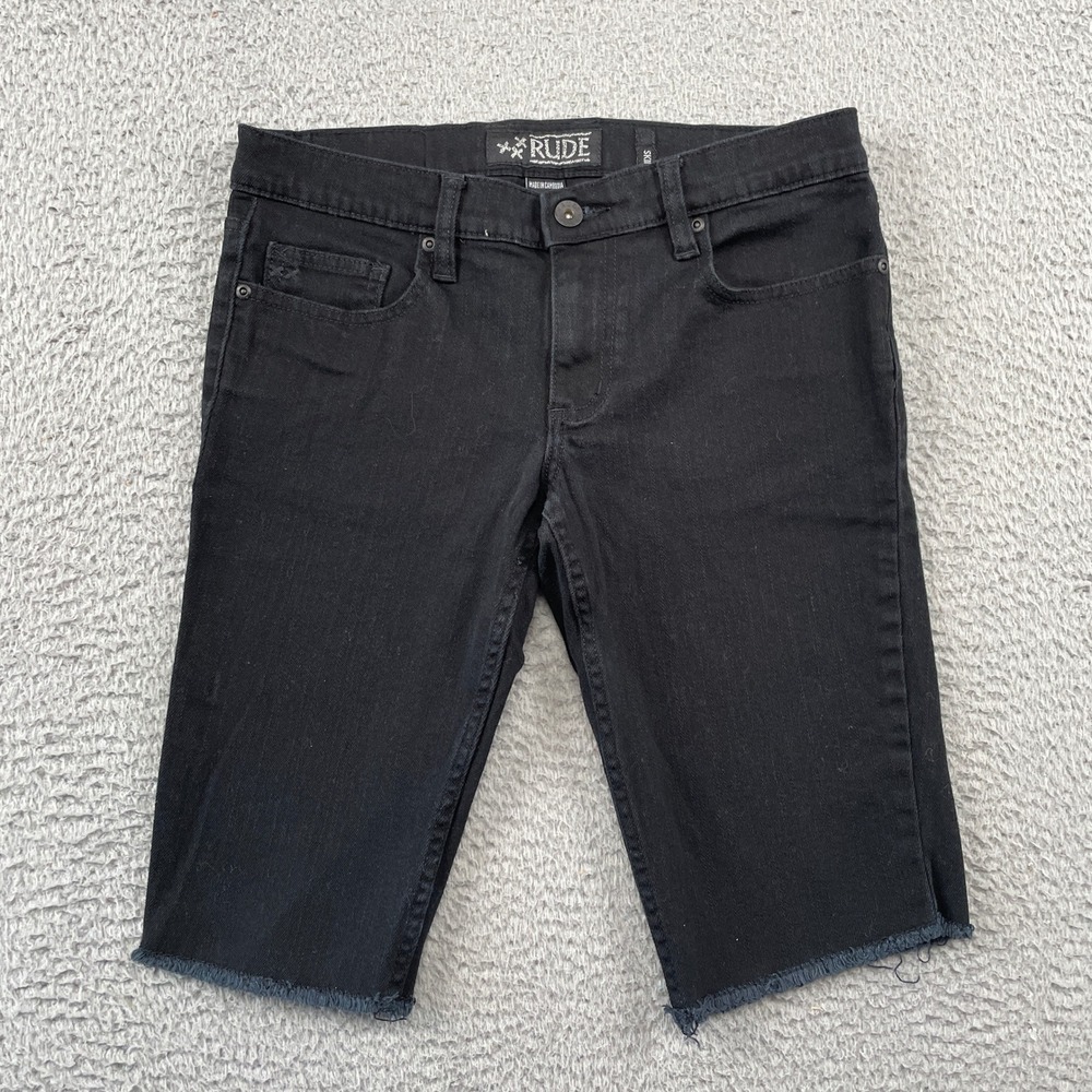 Rude Shorts Mens 30 Black Skinny Fit Raw Hem Denim Stretch Casual Punk
